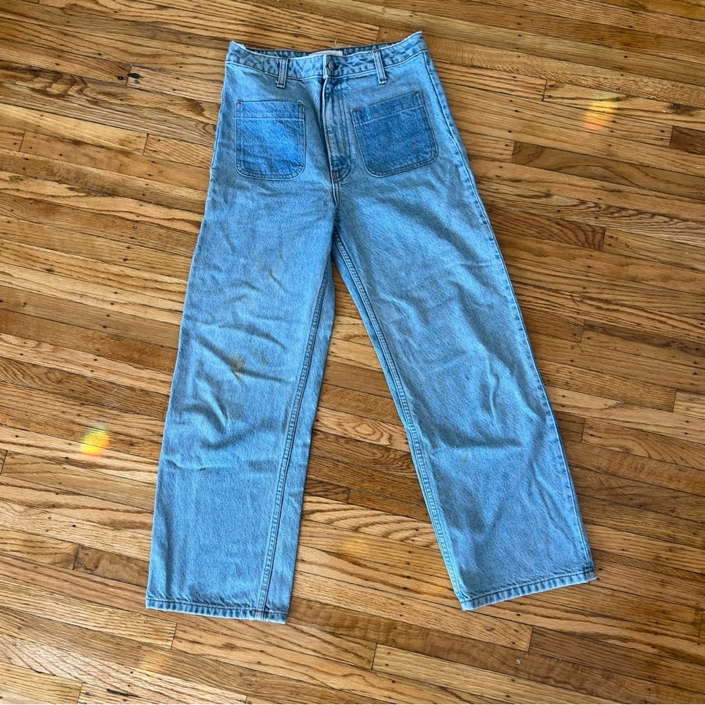 blue high waisted wide leg reformation eloise patch jean